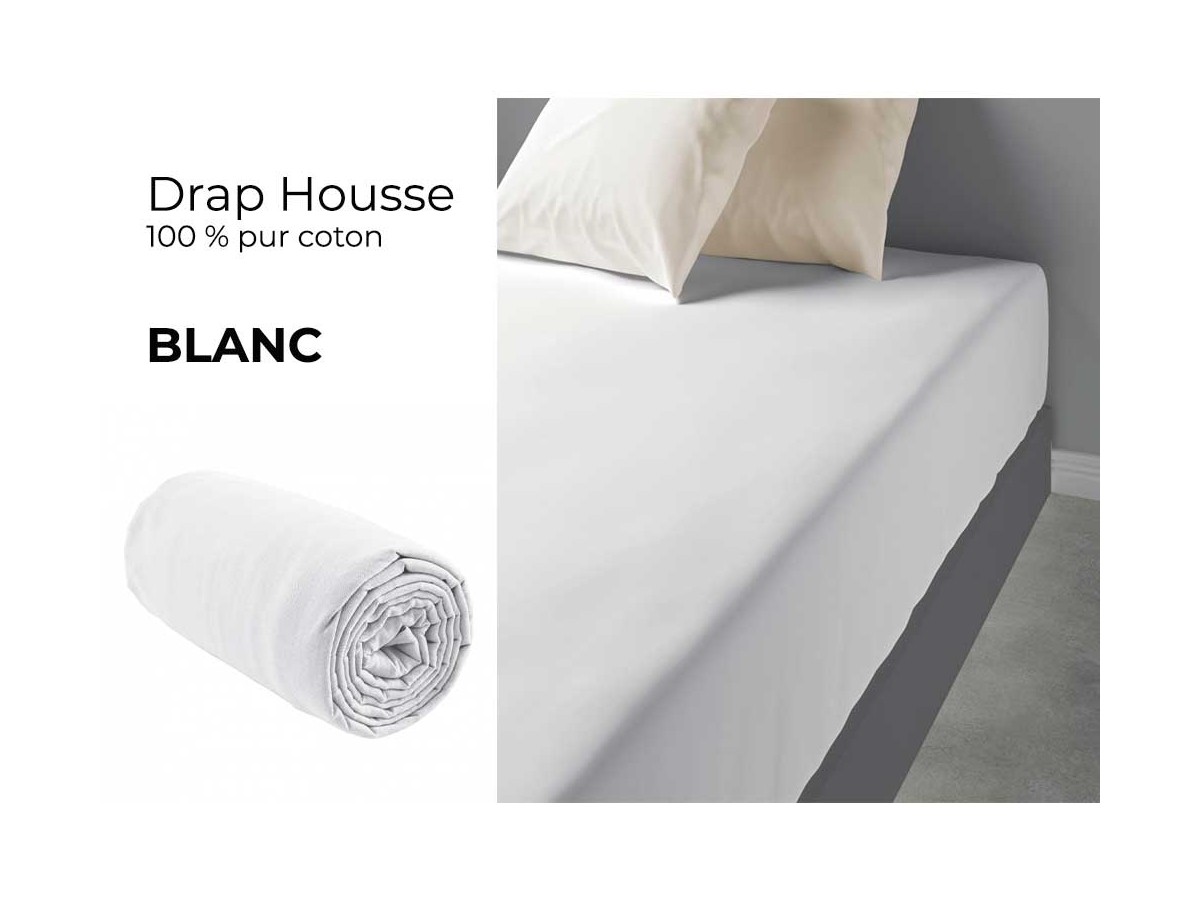 Drap housse 100% pur coton blanc